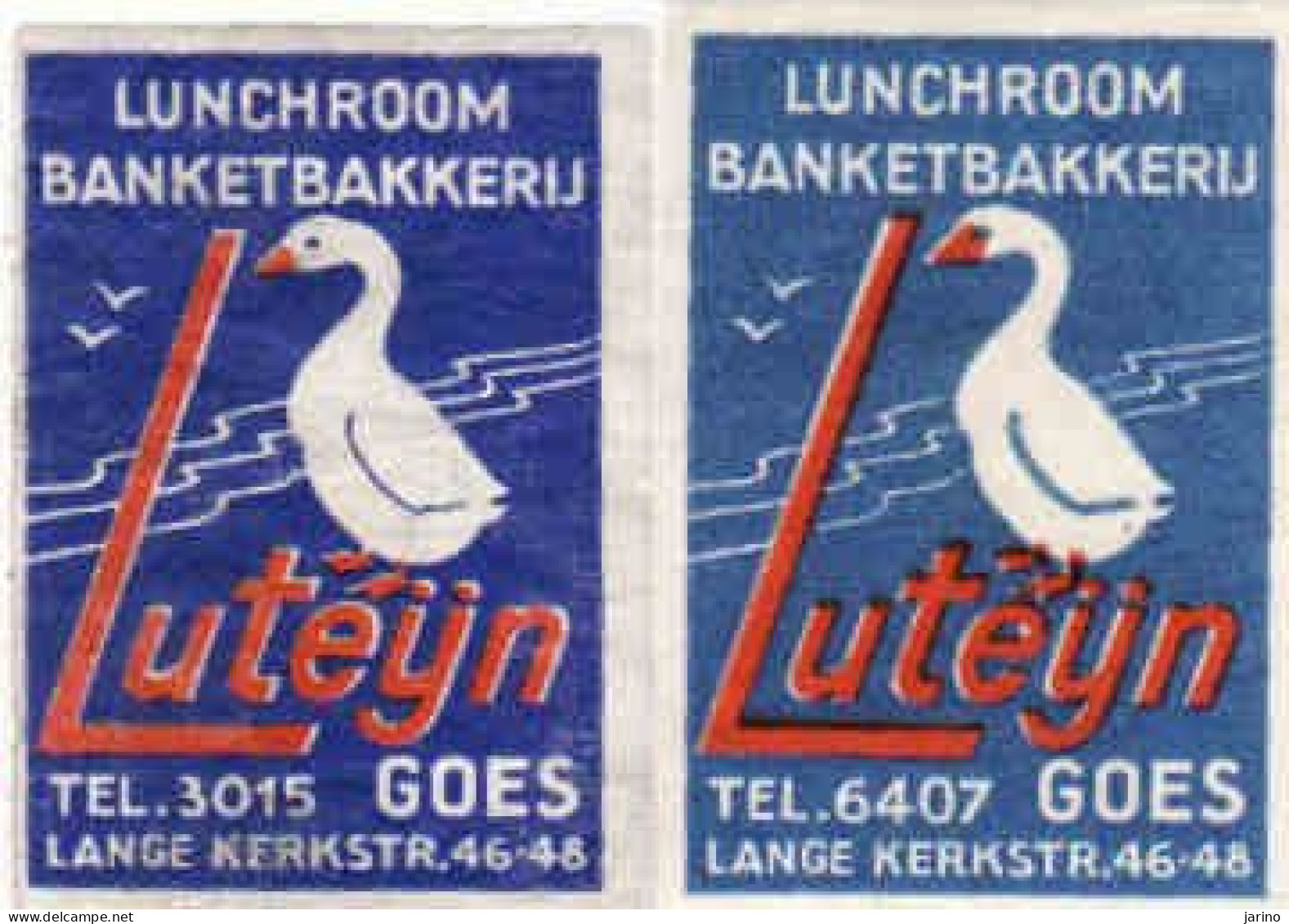 2 Dutch Matchbox Labels, GOES - Zeeland, Lunchroom Banket Bakkerij Luteijn, Goose - Gans, Holland, Netherlands - Boites D'allumettes - Etiquettes