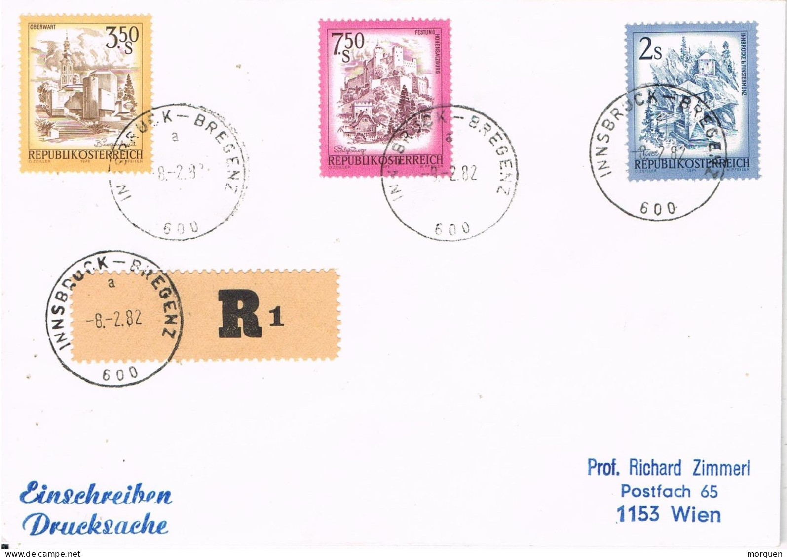 53950. Carta Certificada INNSBRUCK - BREGENZ (Austria) 1982. Con Resguardo - Brieven En Documenten