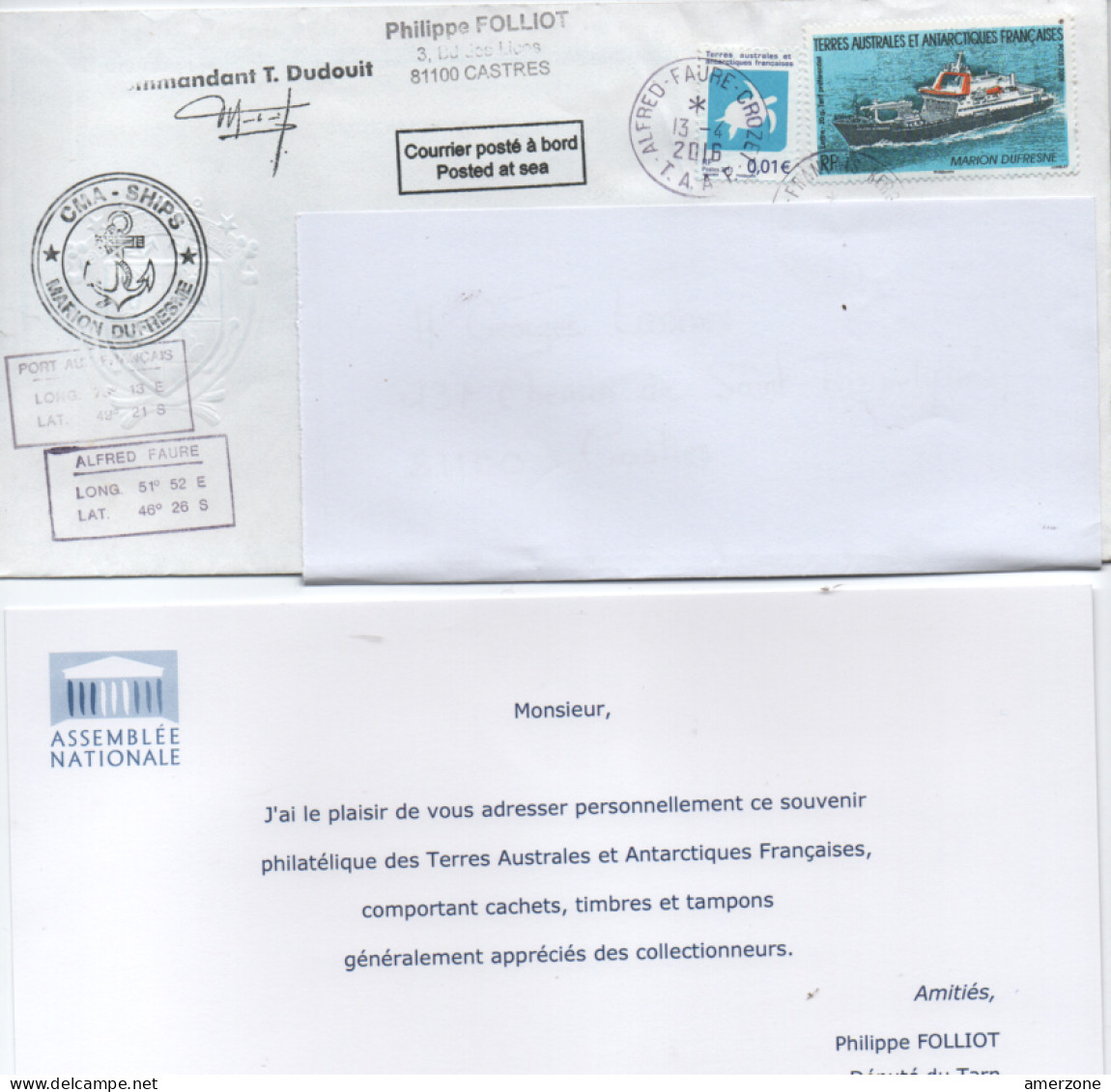 Enveloppe Terres AUSTRALES   A Bord Du Dufresne Avec Tampons Et Missive De Ph  Folliot  Senateur - Brieven En Documenten
