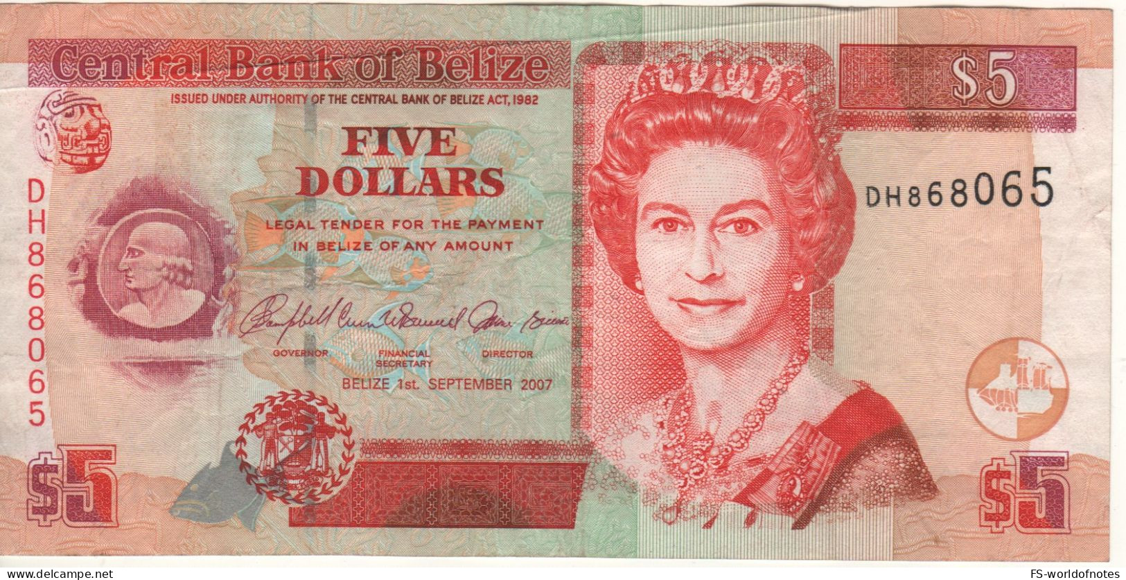 BELIZE  5 Dollars  P67c (dated 1st. September  2007 Queen Elizabeth -  Map Of St. George's Caye, Coffin Of Thomas Potts) - Belize