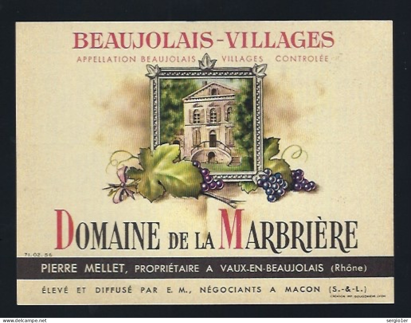 Etiquette Vin Beaujolais Village  Domaine De La Marbriere  Pierre Mellet Proprietaire - Beaujolais