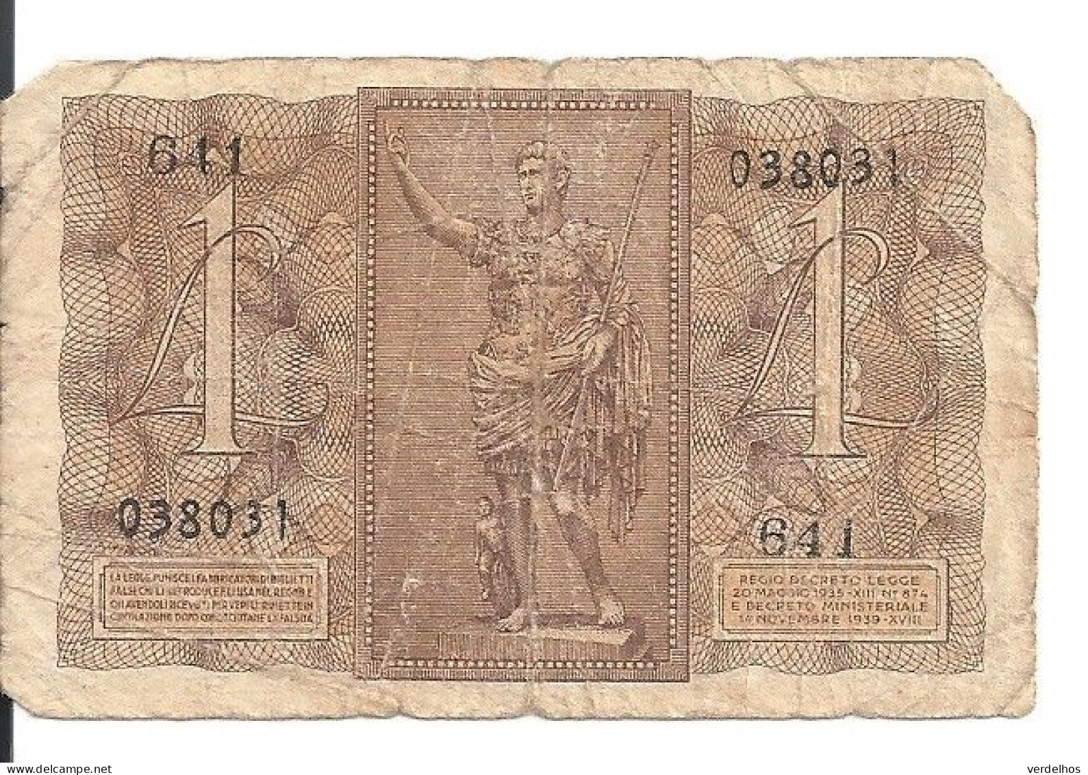 ITALIE 1 LIRA 1939 VG+ P 26 - Regno D'Italia – 1 Lira