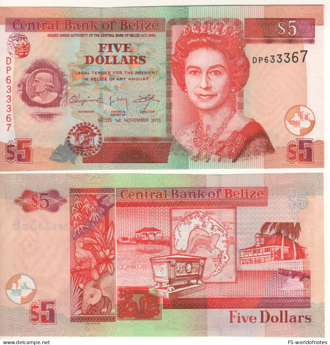 BELIZE  5 Dollars  P67e (dated 1st. November 2011 Queen Elizabeth -  Map Of St. George's Caye, Coffin Of Thomas Potts) - Belize