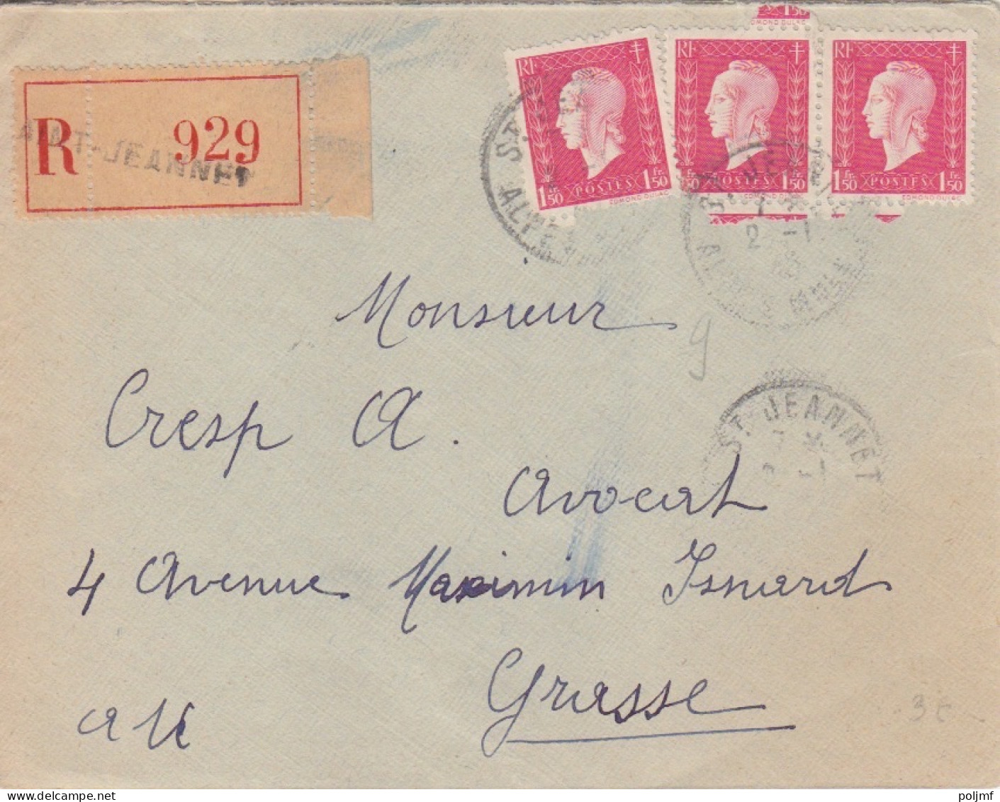 Lettre Recommandée Obl. St Jeannet Le 2/1/45 Sur 1f50 Dulac X 3 N° 691 (tarif Du 5/1/42) Pour Grasse - 1944-45 Marianne De Dulac