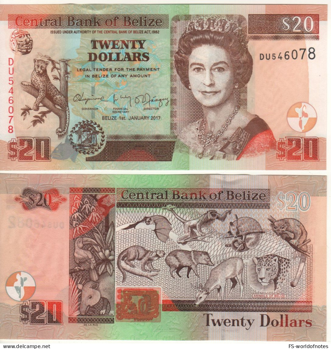 BELIZE  20 Dollars  P69f (dated 1st January 2017 Queen Elizabeth -  Vaious ANimals At Back)  UNC - Belice