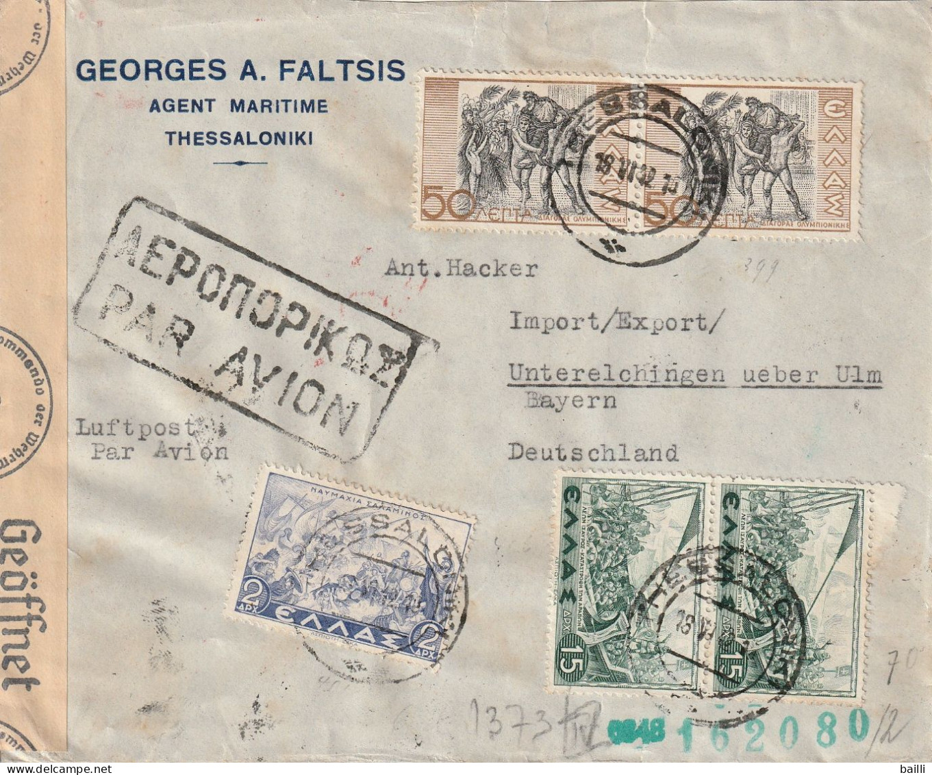 Grèce Lettre Censurée Par Avion Pour L'Allemagne 1942 - Covers & Documents