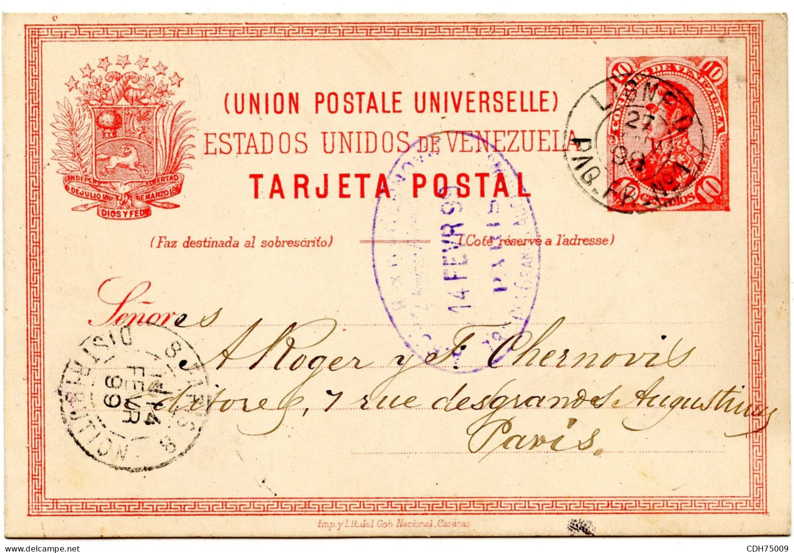 AMERIQUE - VENEZUELA - ENTIER 10C DE CARUPANO LIGNE D PAQ. FR. N°1 POUR PARIS, 1899 - Venezuela