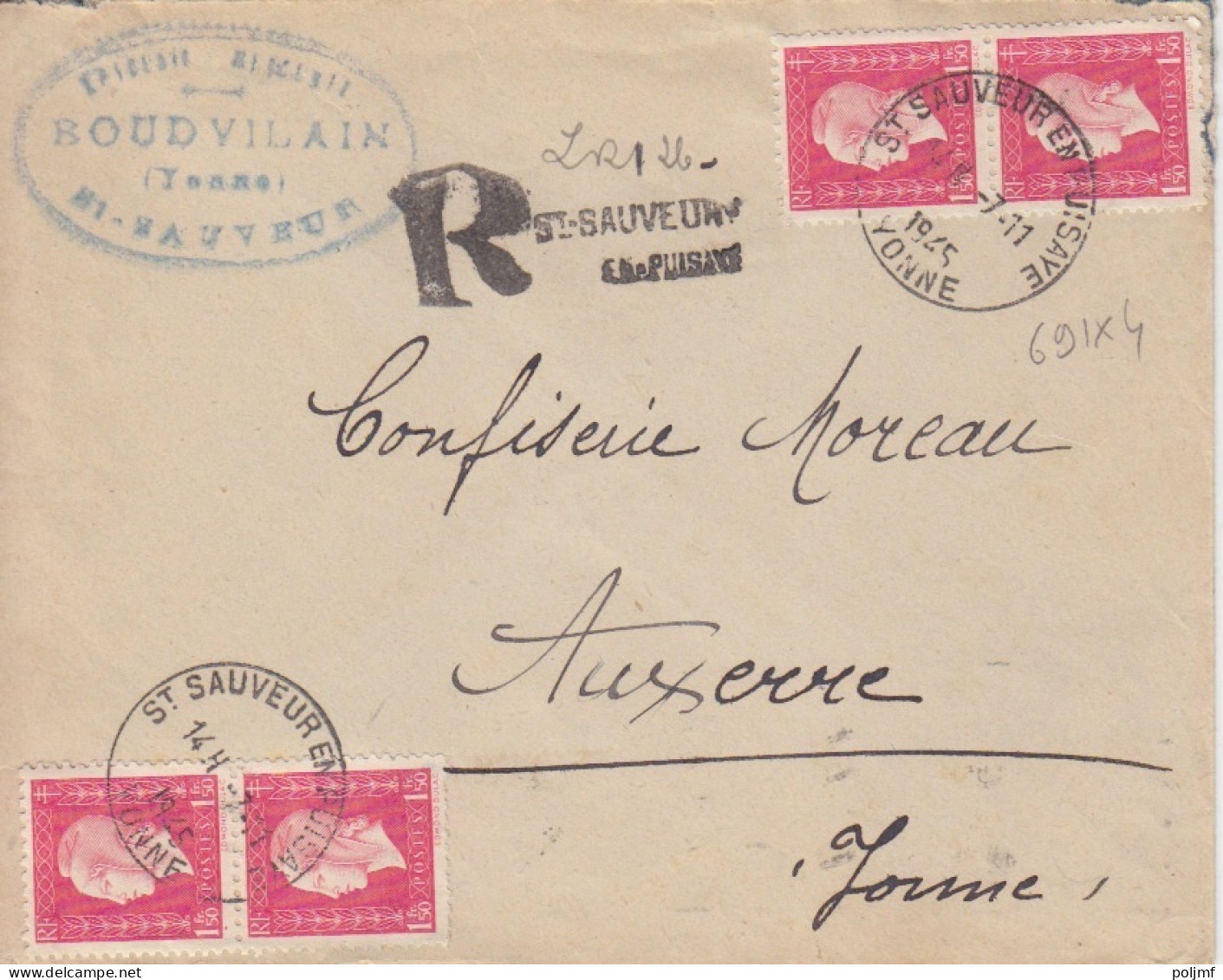 Lettre Rec. Provisoire Obl. St Sauveur En Pusaye Le 7/11/45 Sur 1f50 Dulac X 4 N° 691 (tarif Du 1/3/45) Pour Auxerre - 1944-45 Marianne Van Dulac