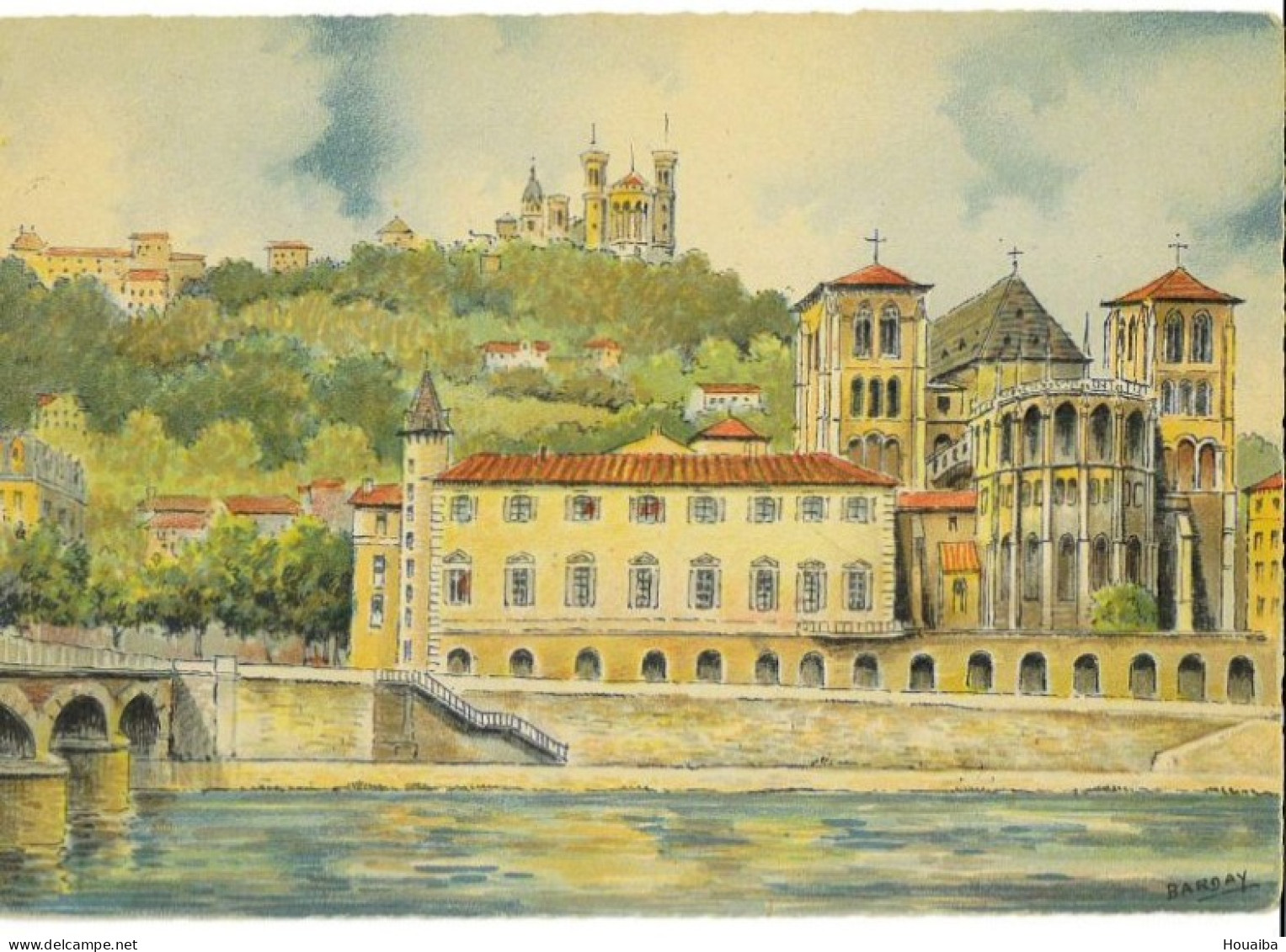 CPSM -  Illustrée Signée Barre-Dayez (Barday) - Lyon La Cathédrale Saint Jean Et Le Coteau De Fourvière - Barday