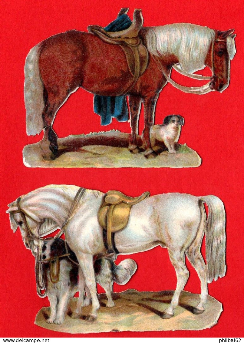 2 Chromos Découpis. Chevaux Sellés, Accompagnés D'un Chien. - Enfants