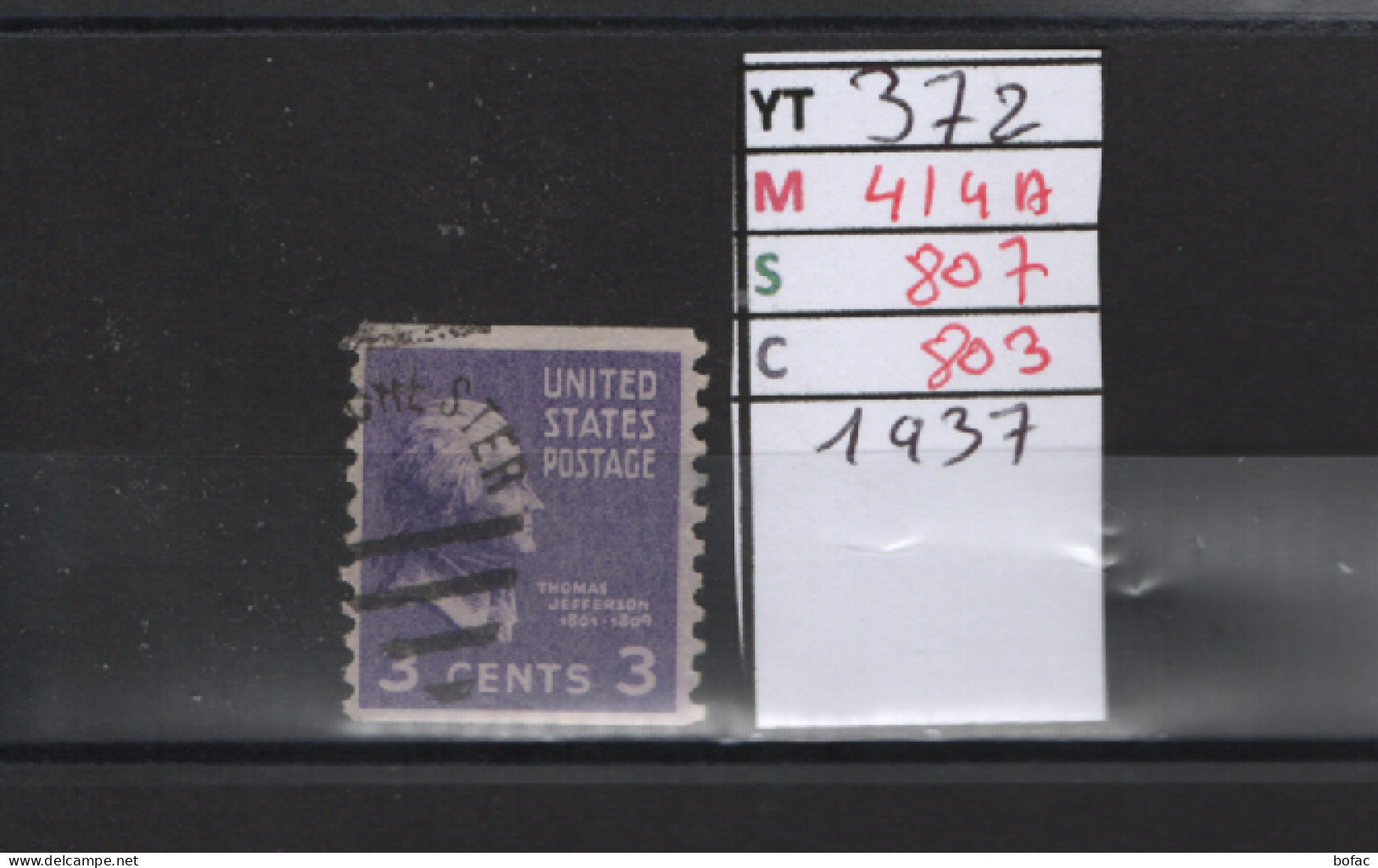 PRIX FIXE Obl 372 YT 414A MIC 807 SCO 803 GIB Thomas Jefferson 1938 Etats Unis 58A/02 Dentelée Verticalement - Used Stamps