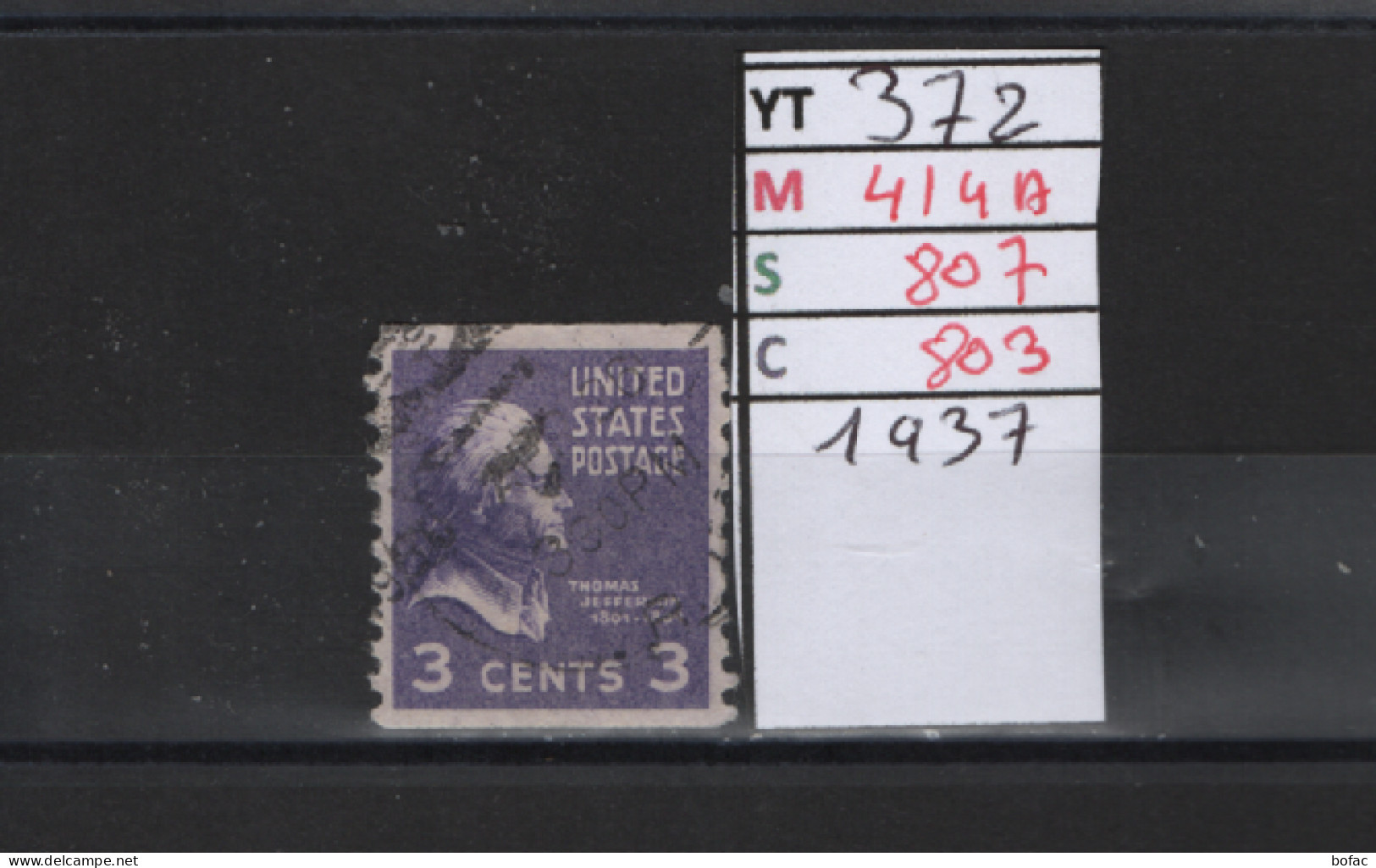 PRIX FIXE Obl 372 YT 414A MIC 807 SCO 803 GIB Thomas Jefferson 1938 Etats Unis 58A/02 Dentelée Verticalement - Used Stamps