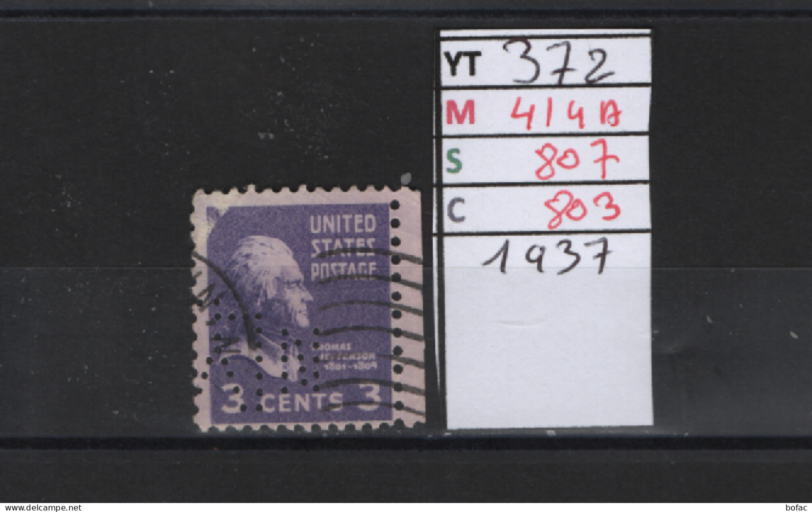 PRIX FIXE Obl 372 YT 414A MIC 807 SCO 803 GIB Thomas Jefferson 1938 Etats Unis 58A/02 - Usati