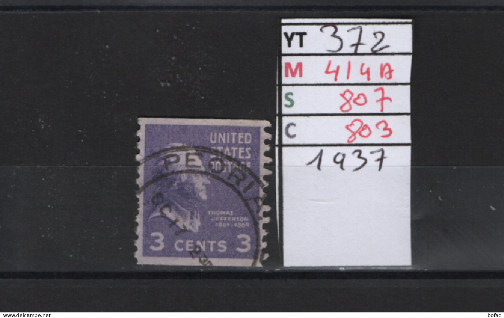 PRIX FIXE Obl 372 YT 414A MIC 807 SCO 803 GIB Thomas Jefferson 1938 Etats Unis 58A/02 - Used Stamps