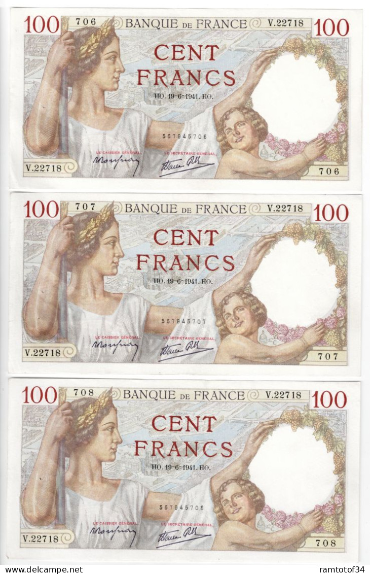 FRANCE - SUITE De 3 Billets 100 Francs Sully 19-6-1941 - 100 F 1939-1942 ''Sully''