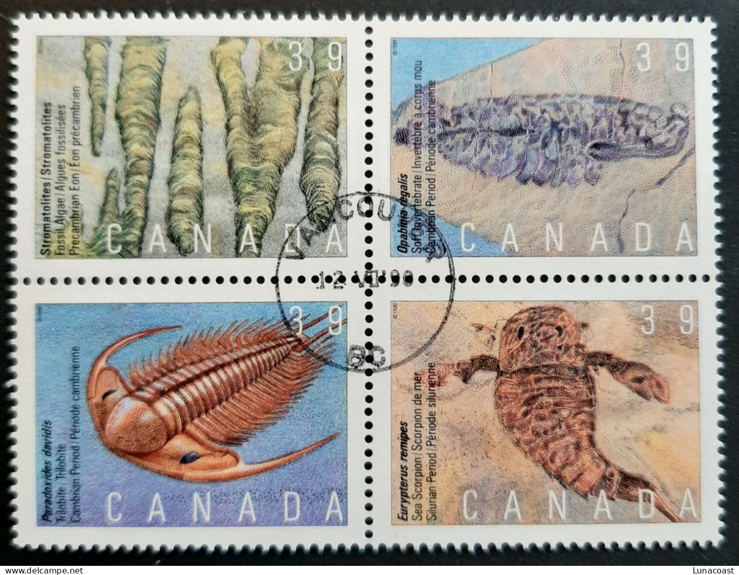 Canada 1990  USED  Sc1282a   Se-tenant Block 4 X 39c, Prehistoric Life - Used Stamps