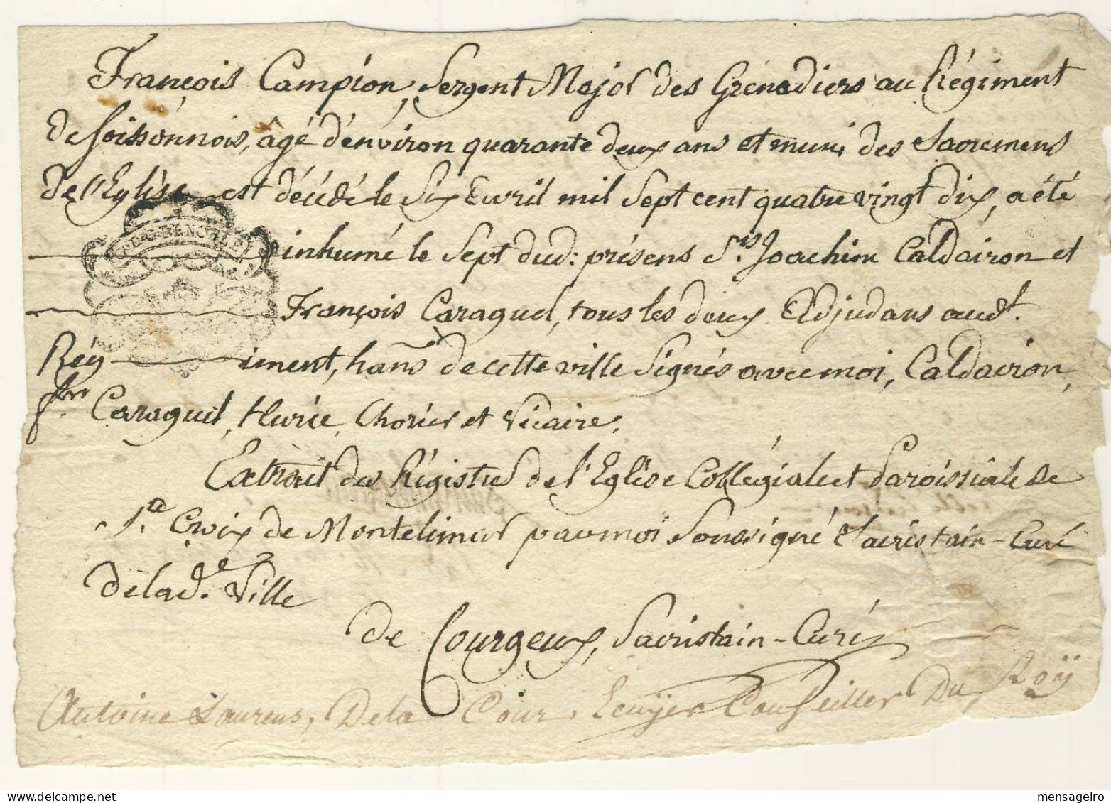 (C11) CACHET GENERALITE GRENOBLE SUR CERTIFICAT DECES SERGENT MAJOR GRENADIER 1790 MONTELIMAR - Cachets Généralité