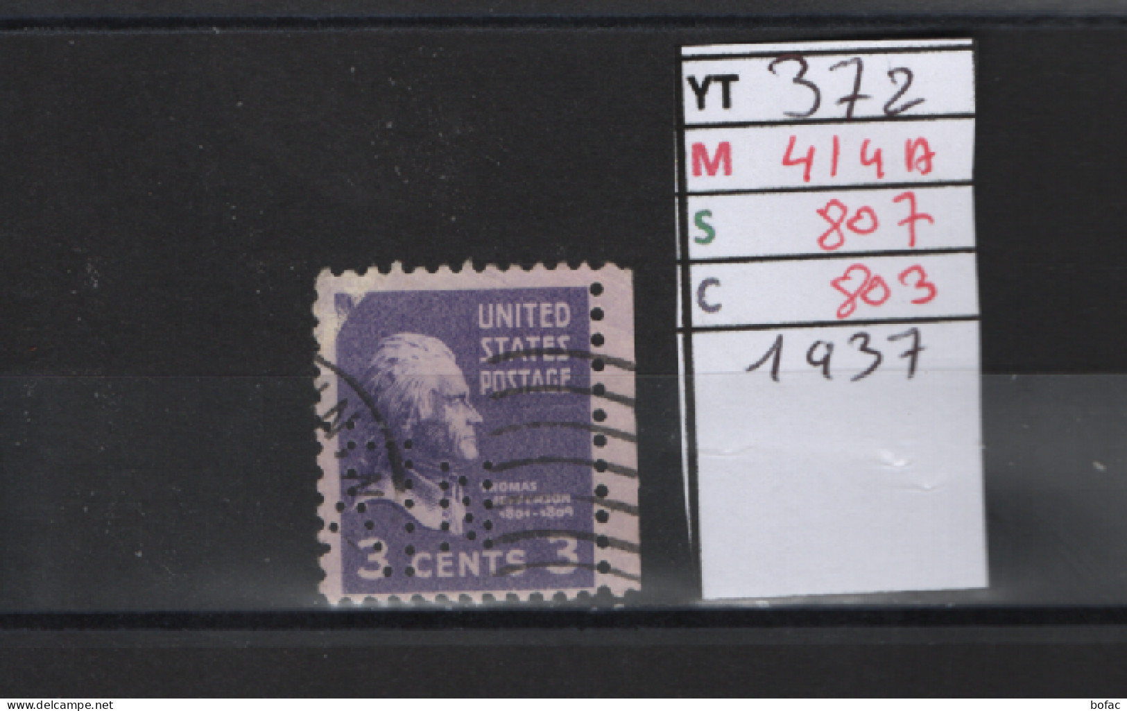 PRIX FIXE Obl 372 YT 414A MIC 807 SCO 803 GIB Thomas Jefferson 1938 Etats Unis 58A/02 - Perforados