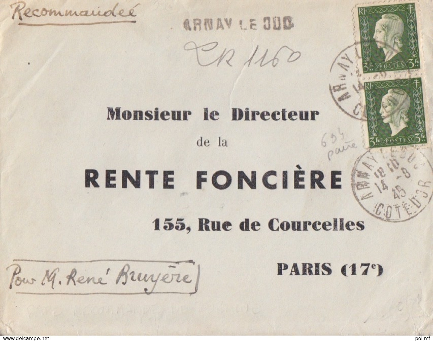 Lettre Rec. Provisoire Obl. Arnay Le Duc Le 14/8/45 Sur 3f Dulac X 2 N° 694 (tarif Du 1/3/45) Pour Paris - 1944-45 Marianne (Dulac)