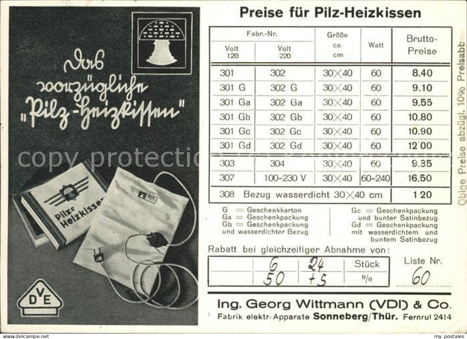 41491958 Sonneberg Thueringen Preise Pilz-Heizkissen Werbekarte Preise Sonneberg - Sonneberg