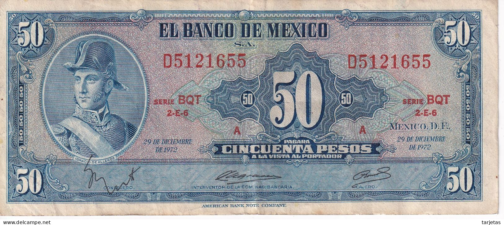 BILLETE DE MEXICO DE 50 PESOS DEL AÑO 1972 DIFERENTES FIRMAS   (BANKNOTE) - Mexique