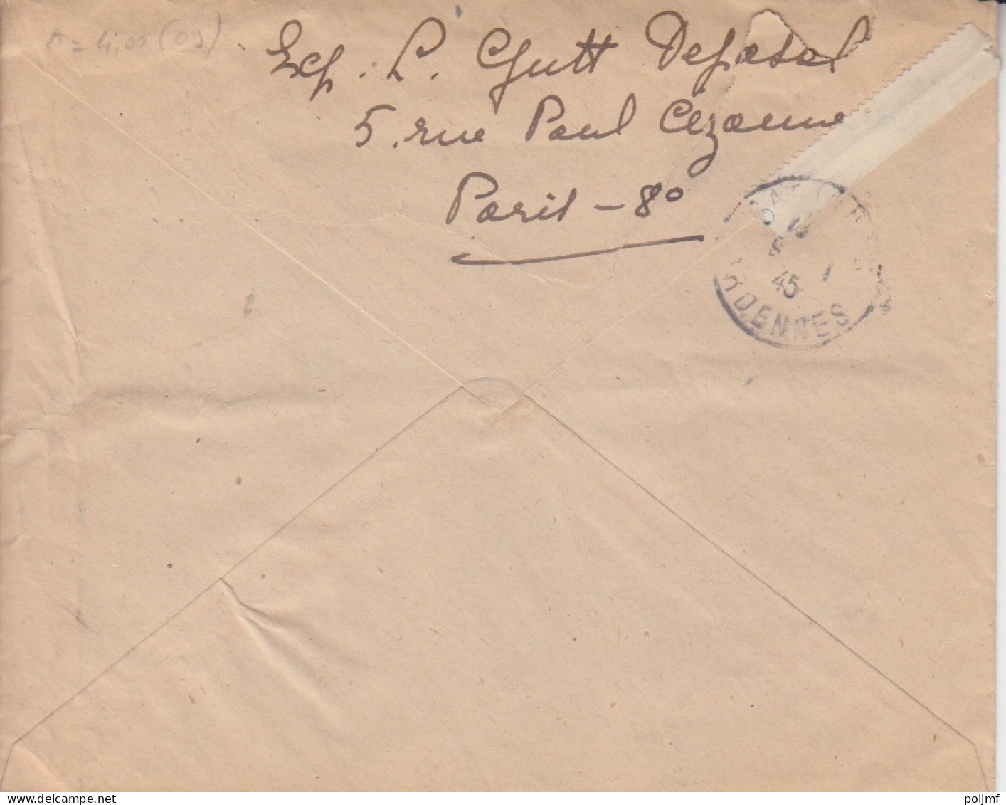 Lettre Recommandée Obl. Paris VIII Le 8/11/45 Sur 3f Dulac X 2 N° 694 (tarif Du 1/3/45) Pour Carignan - 1944-45 Marianne De Dulac