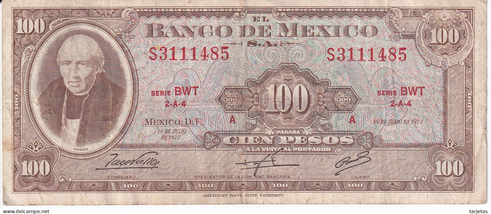 BILLETE DE MEXICO DE 100 PESOS DEL AÑO 1973 DIFERENTES FIRMAS (BANKNOTE) - México