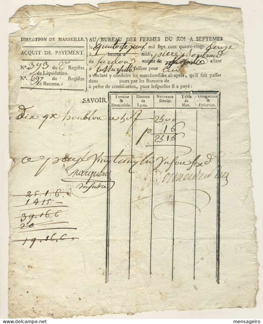 (C11) ACQUIT DE PAIEMENT POUR 10 QUINTAUX DE HOUBLON - BUREAU DES FERMES DU ROI A SEPTEME 1792 - Invoices