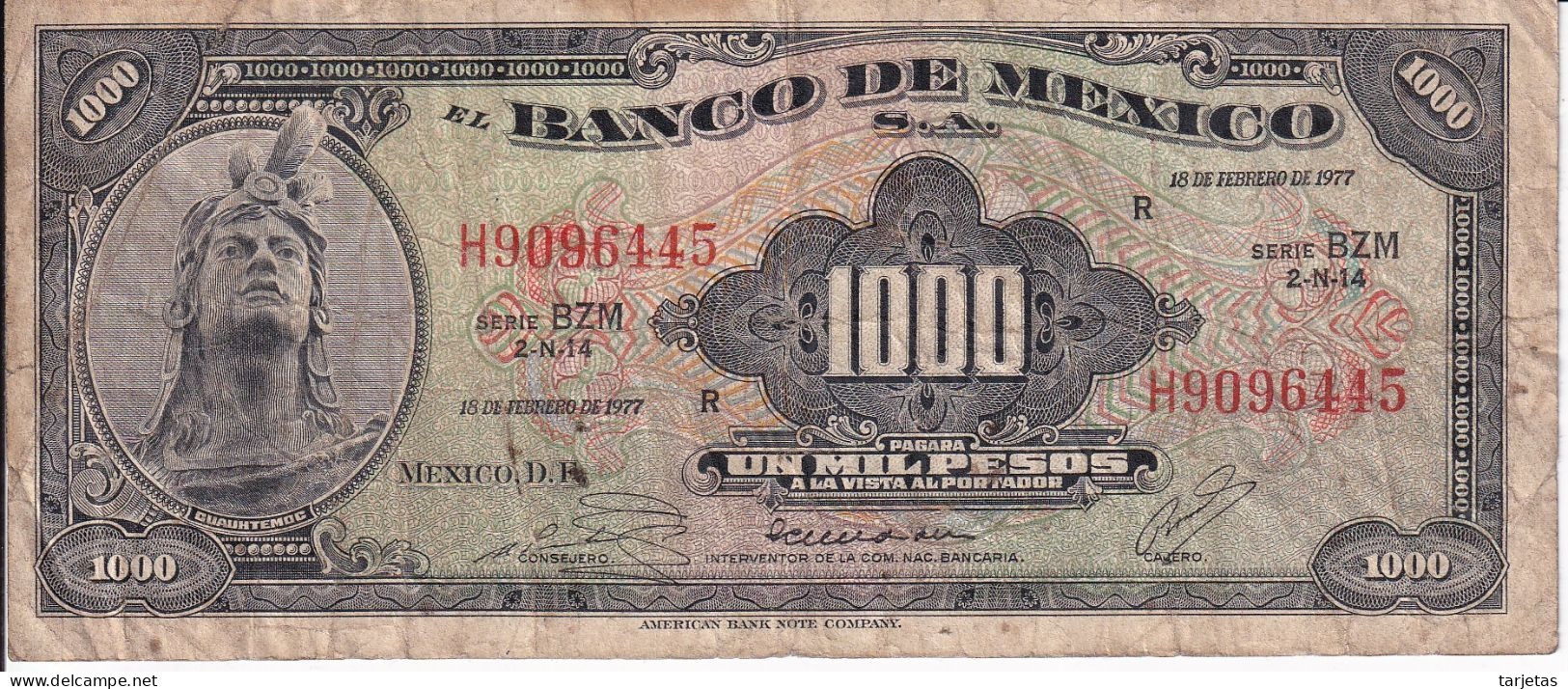 BILLETE DE MEXICO DE 1000 PESOS DEL 18 DE FEBRERO DE 1977 DIFERENTES FIRMAS (BANKNOTE) - Mexique