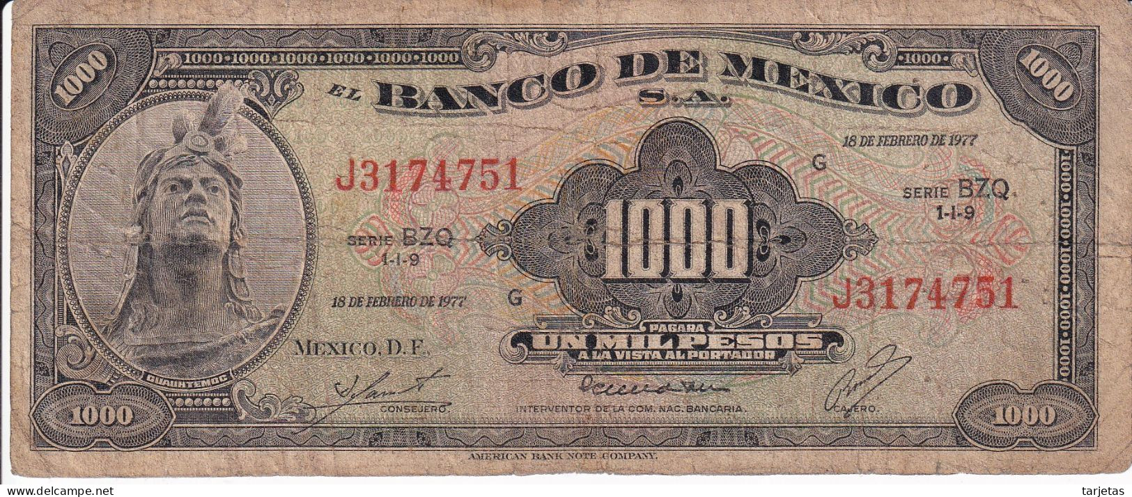BILLETE DE MEXICO DE 1000 PESOS DEL 18 DE FEBRERO DE 1977 DIFERENTES FIRMAS (BANKNOTE) - Mexique