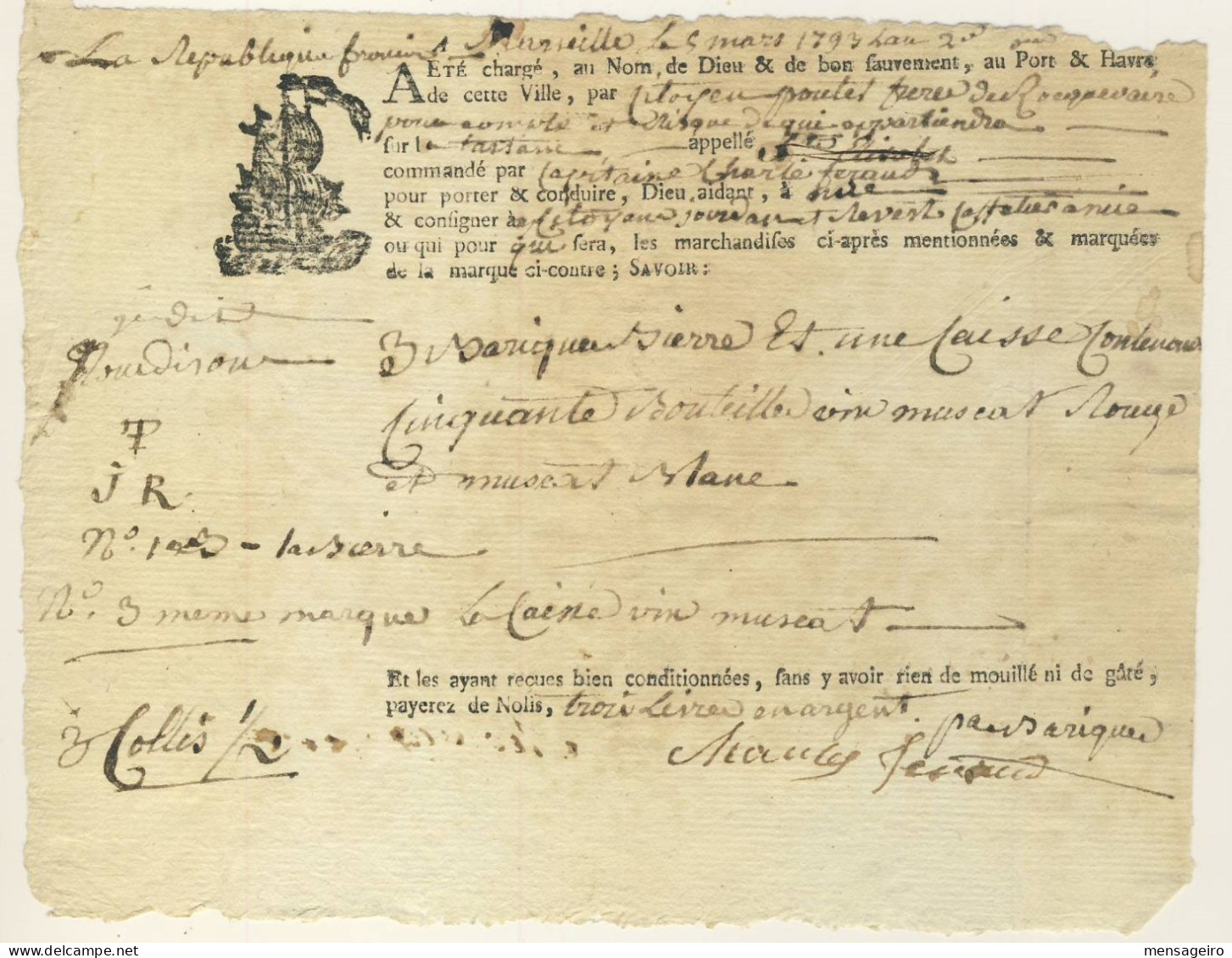 (C11) CONNAISSEMENT POUR BARIQUES DE BIERE ET CAISSE DE VIN MUSCAT - MARSEILLE => NICE 1793 - Invoices