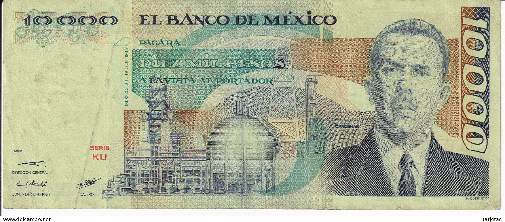 BILLETE DE MEXICO DE 10000 PESOS AÑO 1985 DE CARDENAS   (BANKNOTE) - Mexique
