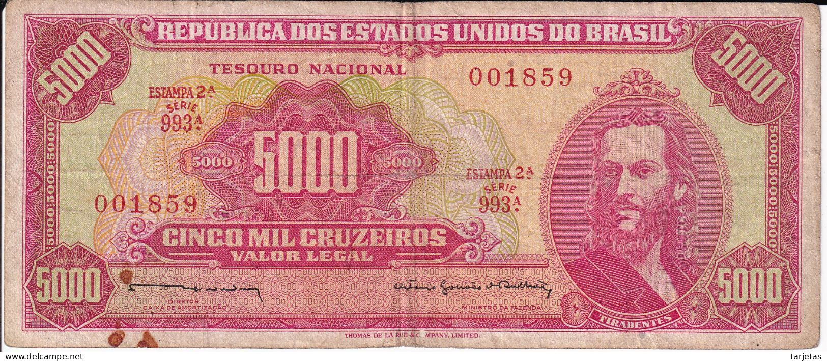 BILLETE DE BRASIL DE 5000 CRUZEIROS DEL AÑO 1964 (BANKNOTE) TIRADENTES - Brazilië