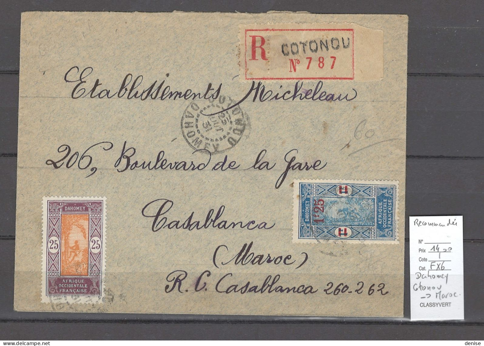 Dahomey - Recommandée - COTONOU - 1931 Pour Le Maroc - Lettres & Documents