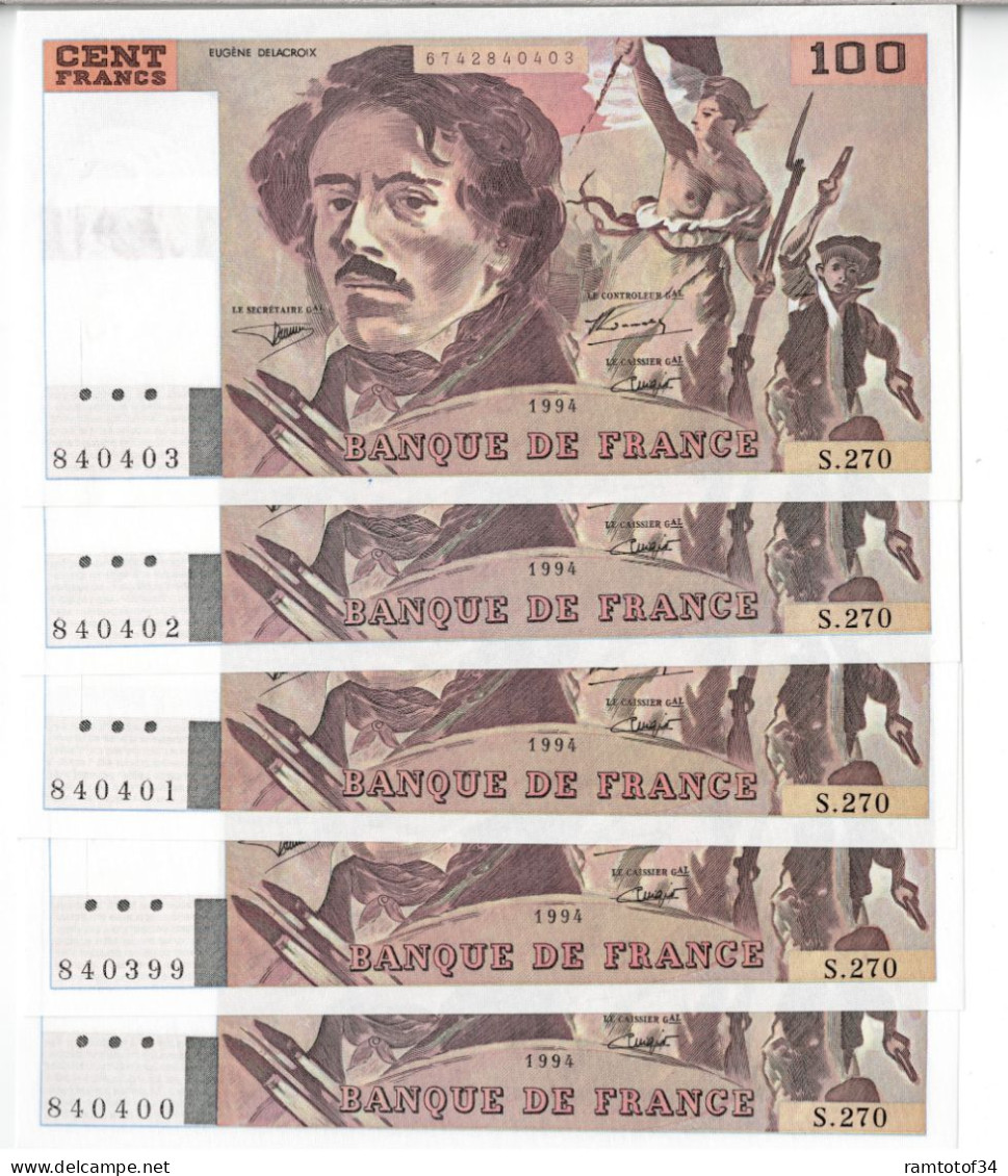 FRANCE - SUITE De 5 Billets 100 Francs Delacroix 1994 - 100 F 1978-1995 ''Delacroix''