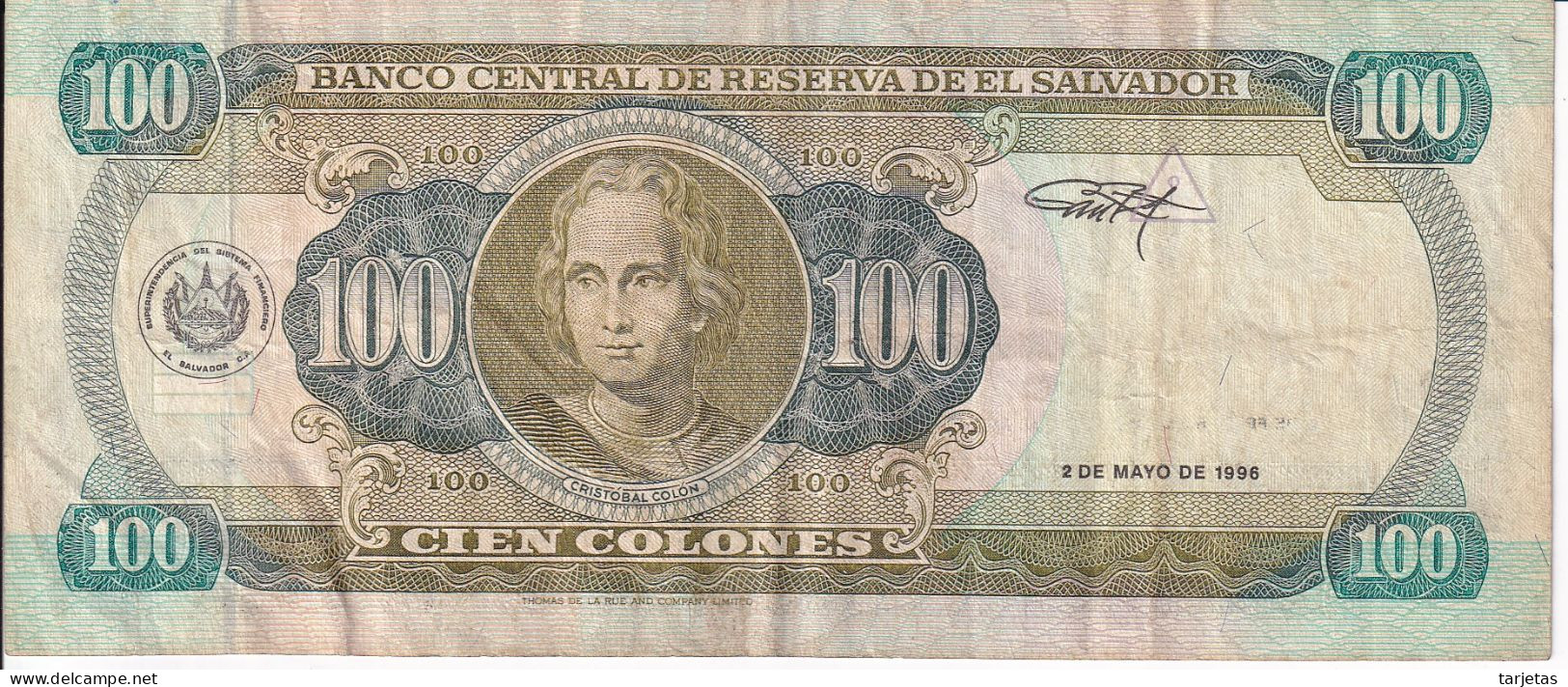 BILLETE DE EL SALVADOR DE 100 COLONES DEL AÑO 1996 DE CRISTOBAL COLON  (BANKNOTE) - El Salvador