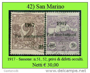 San-Marino-0042 - 1917-Sassone: N.51,52, Privi Di Difetti Occulti. - Gebruikt