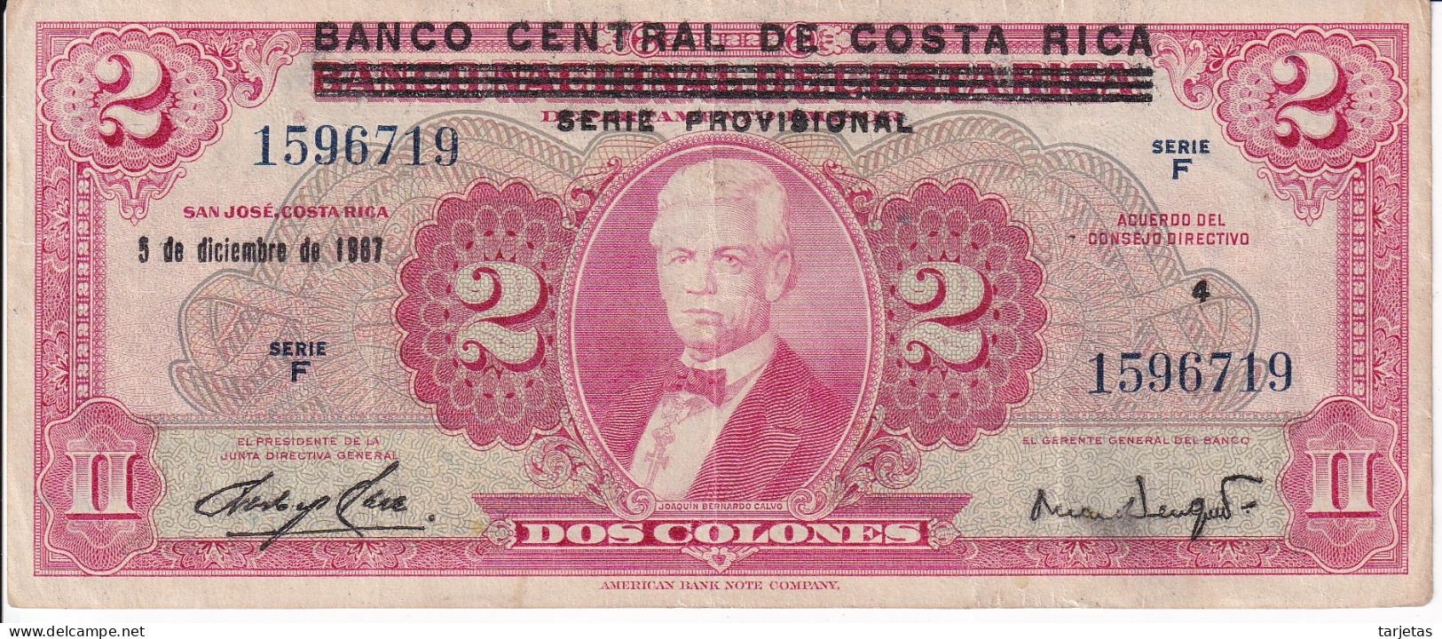 BILLETE DE COSTA RICA DE 2 COLONES AÑO 1967 - SERIE PROVISIONAL  (BANKNOTE) - Costa Rica