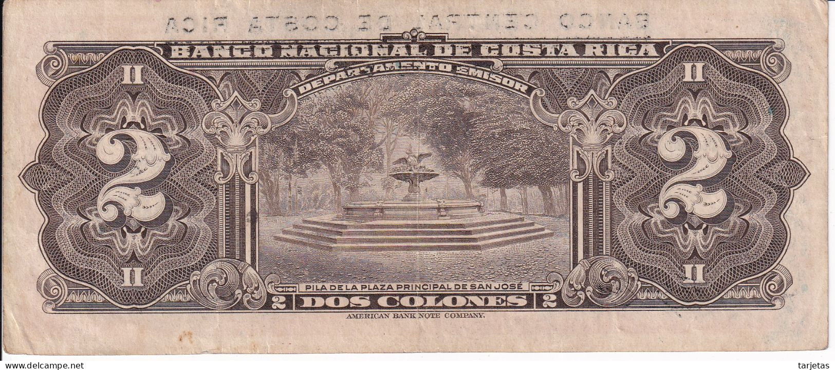 BILLETE DE COSTA RICA DE 2 COLONES AÑO 1967 - SERIE PROVISIONAL  (BANKNOTE) - Costa Rica