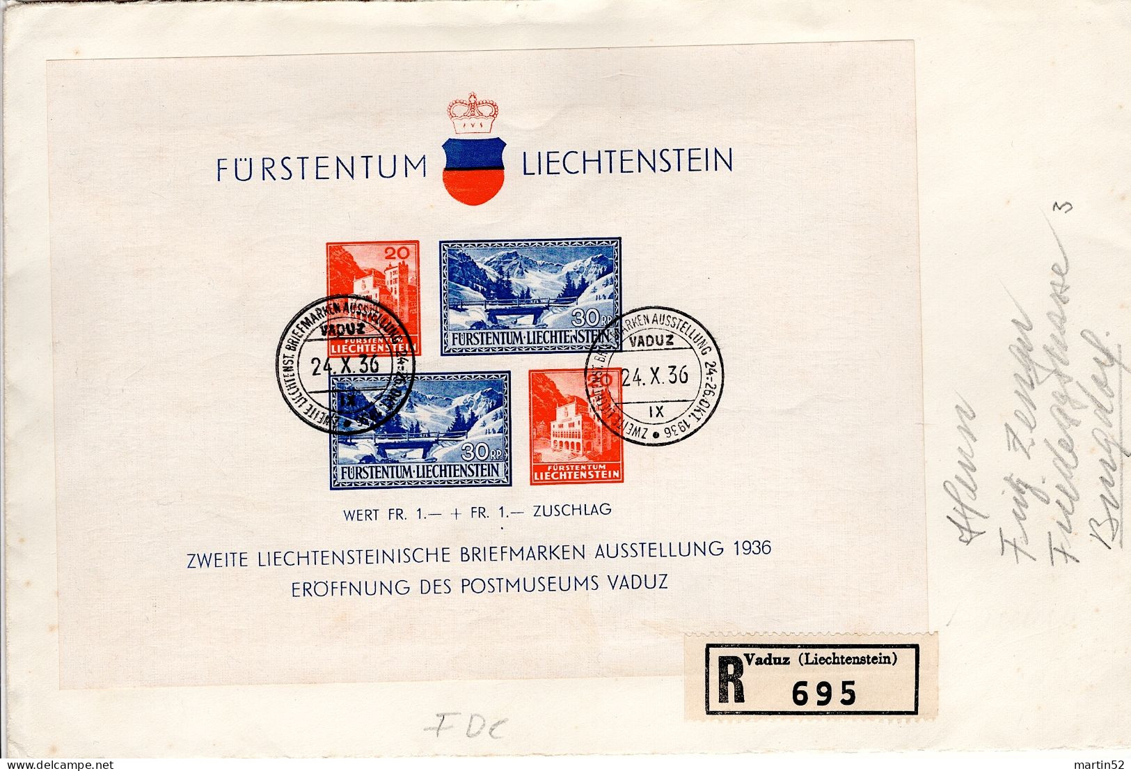 Liechtenstein 1936: Postmuseum Zu W14 Mi Block 2 Yv BF2 R-FDC Mit ⊙ BRIEFMARKENAUSSTELLUNG VADUZ 24.X.36 (Zu CHF 450.00) - Brieven En Documenten