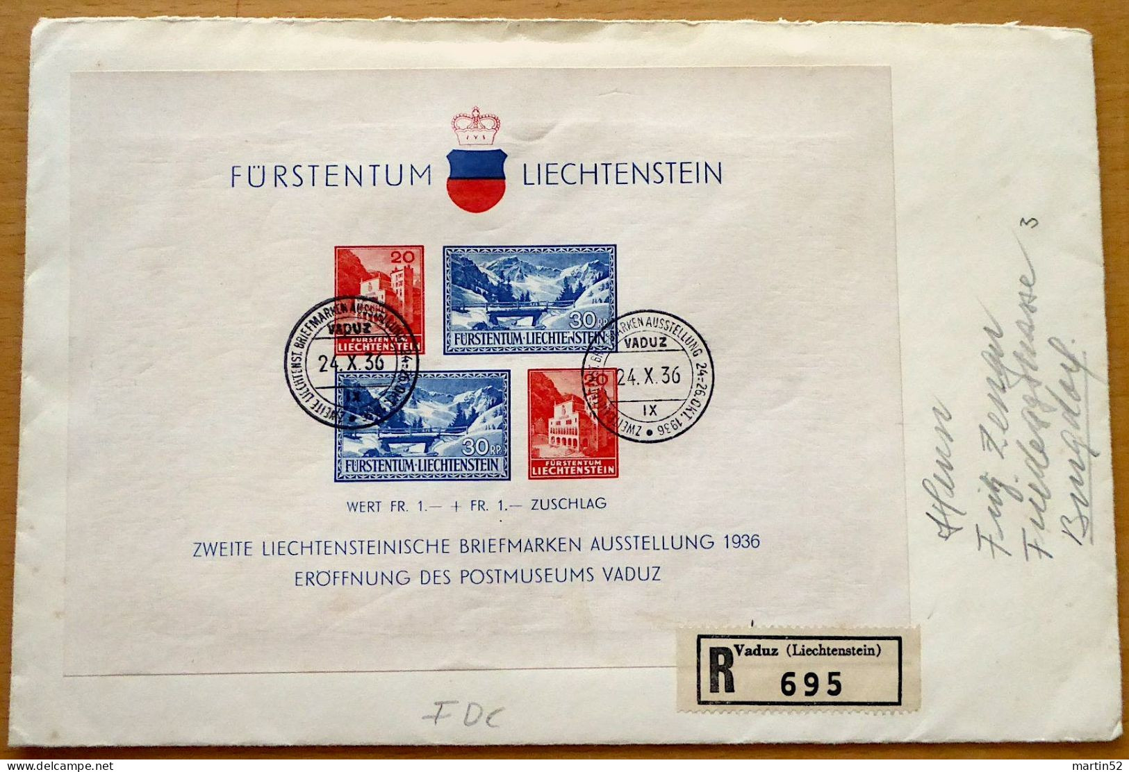 Liechtenstein 1936: Postmuseum Zu W14 Mi Block 2 Yv BF2 R-FDC Mit ⊙ BRIEFMARKENAUSSTELLUNG VADUZ 24.X.36 (Zu CHF 450.00) - Storia Postale