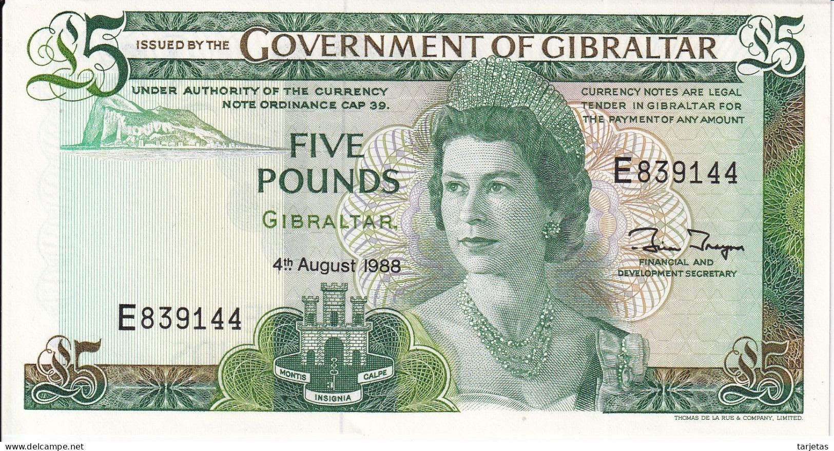 BILLETE DE GIBRALTAR DE 5 POUNDS DEL AÑO 1988 SIN CIRCULAR (UNC)  (BANKNOTE) - Gibraltar