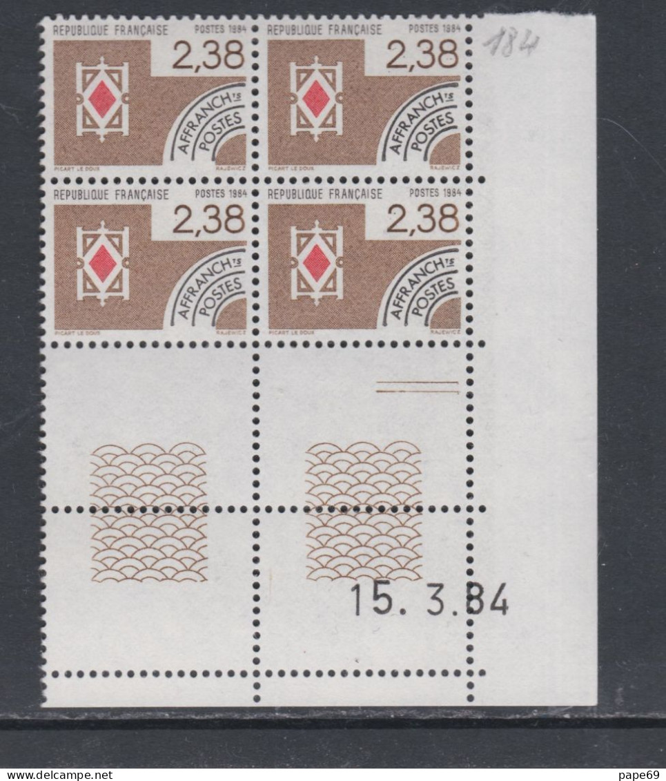 France Préoblitéré N° 184 XX Cartes à Jouer : 2 F. 38 En Bloc De 4 Coin Daté Du 15 . 3 . 84 ;  2 Traits, Sans Ch. TB - Voorafgestempeld