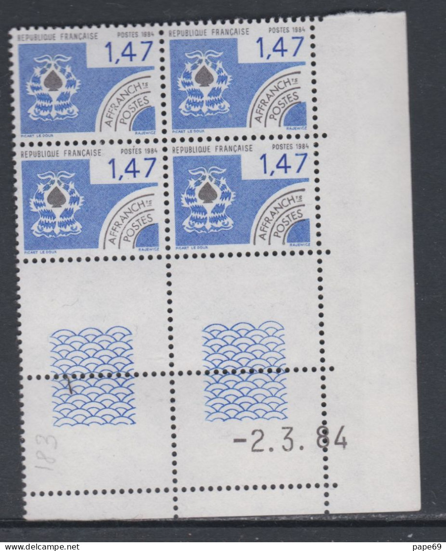 France Préoblitéré N° 183 XX Cartes à Jouer : 1 F. 47 En Bloc De 4 Coin Daté Du 2 . 3 . 84 ;  Sans Trait, Sans Ch. TB - Préoblitérés