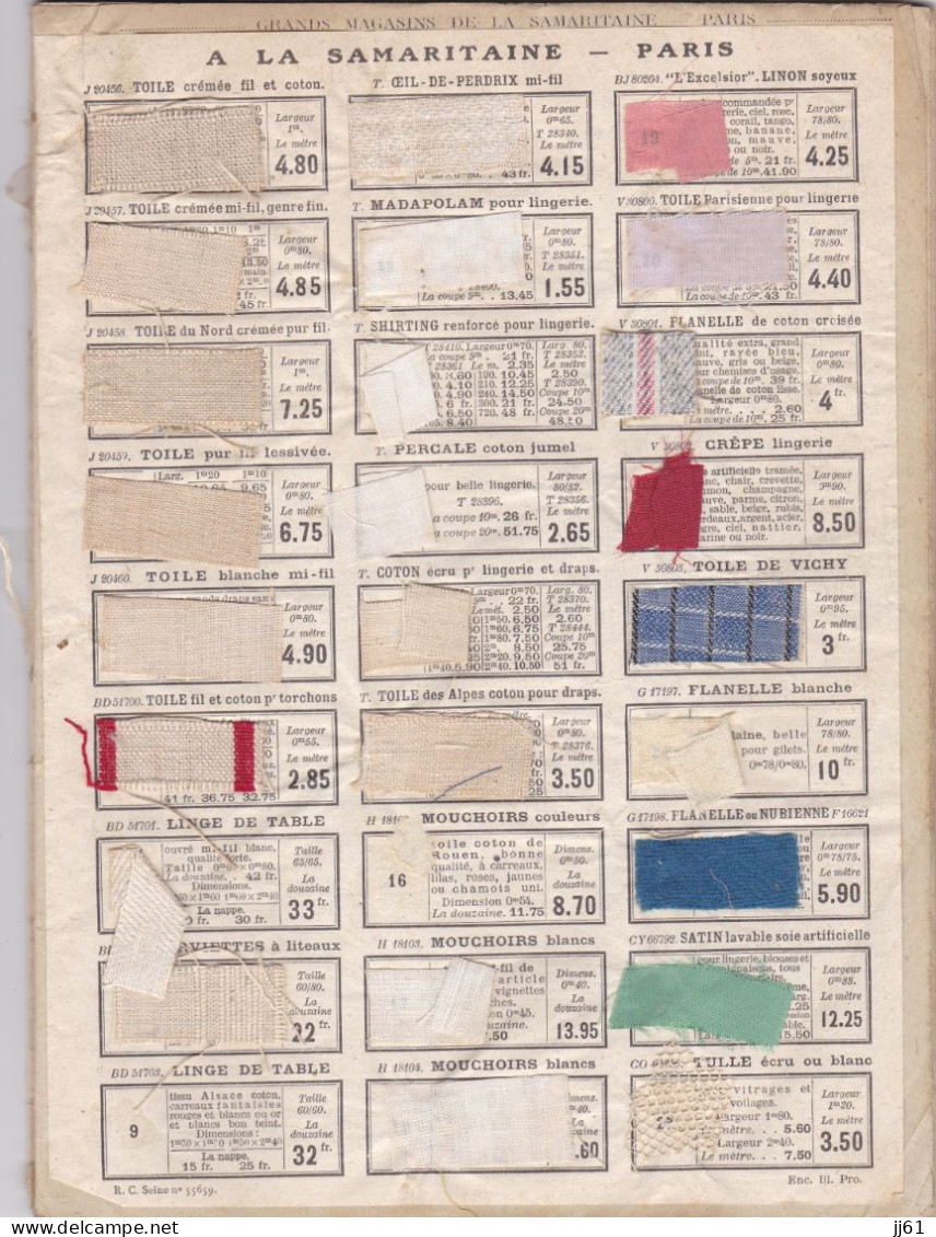 PARIS A LA SAMARITAINE CATALOGUE 1931 BLANC TOILES ET TROUSSEAUX AVEC ECHANTILLONS DE TISSUS - Fashion