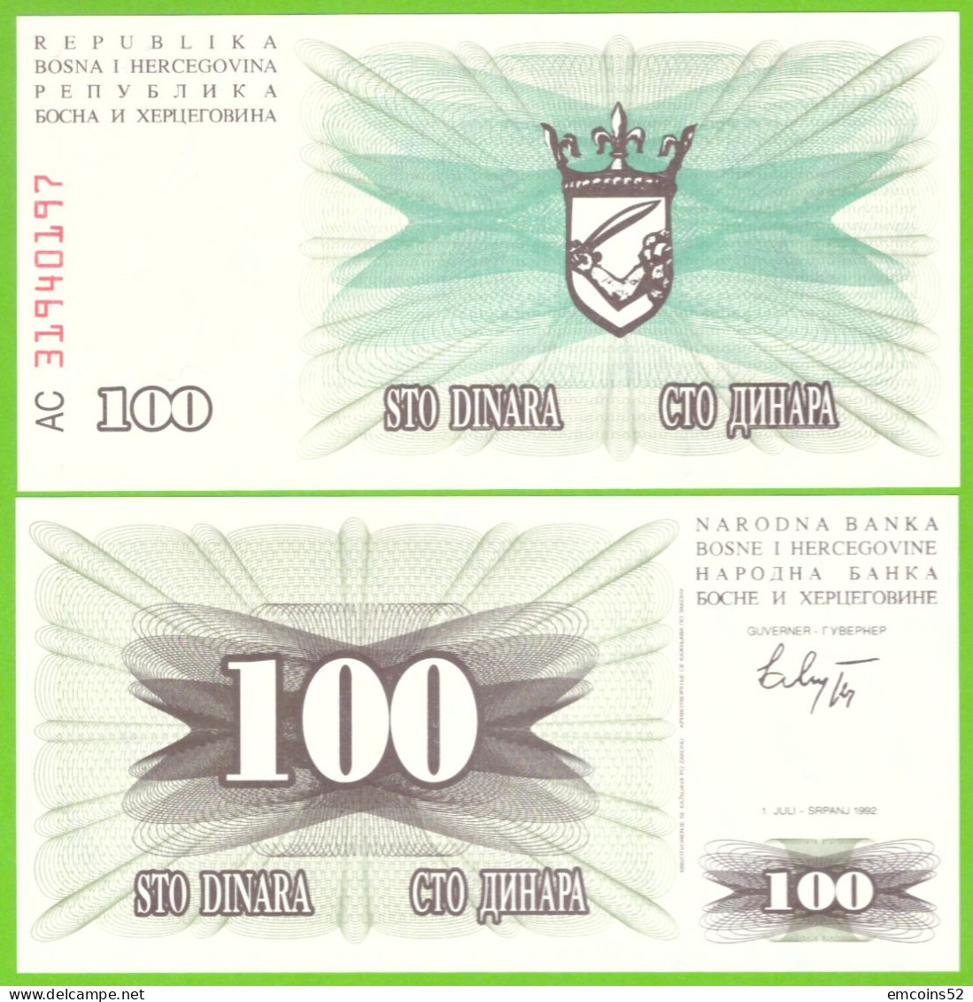 BOSNIA & HERZEGOVINA 100 DINARA 1992 P-13  UNC - Bosnia Erzegovina