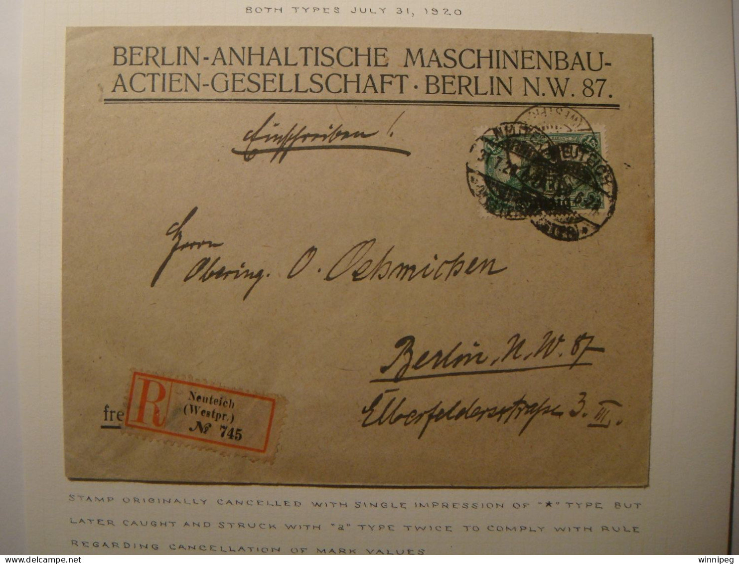 Danzig Neuteich.Registered.1920.Mi.9.Berlin Anhaltische Maschinenbau  Actien Gesellschaft - Covers & Documents