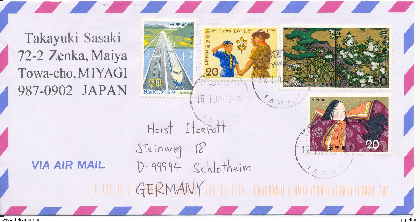 Japan Air Mail Cover Sent To Germany 15-1-2004 With Topic Stamps - Posta Aerea