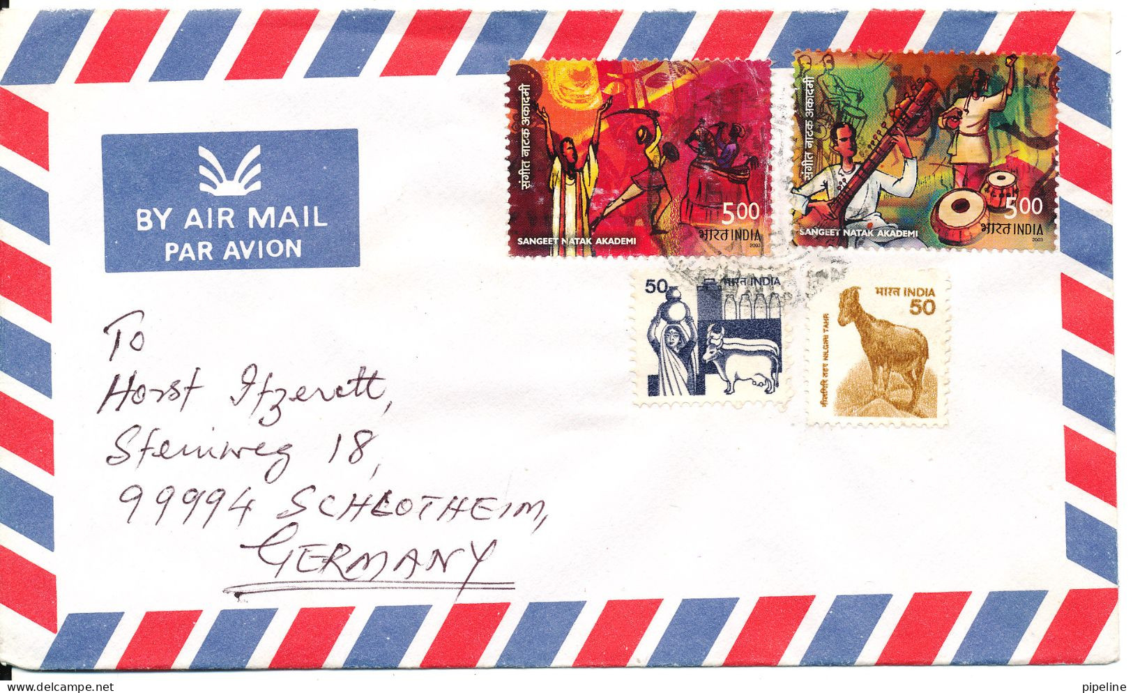 India Air Mail Cover Sent To Germany 14-3-2005 Topic Stamps Also A Stamp On The Backside Of The Cover - Luchtpost