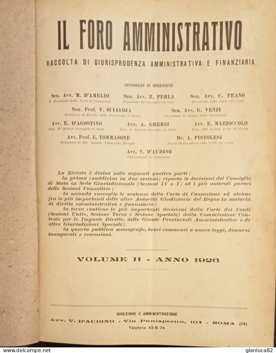 Il Foro Amministrativo Vol.2 1926 Direzione Amministrazione Roma (BV03) Come Foto Raccolta Giurisprudenza Amministrativa - Livres Anciens